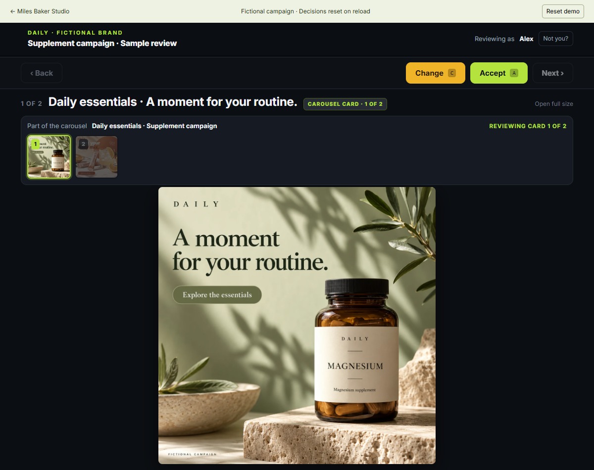 Ad Reviewer showing a fictional supplement campaign with approval and change controls.