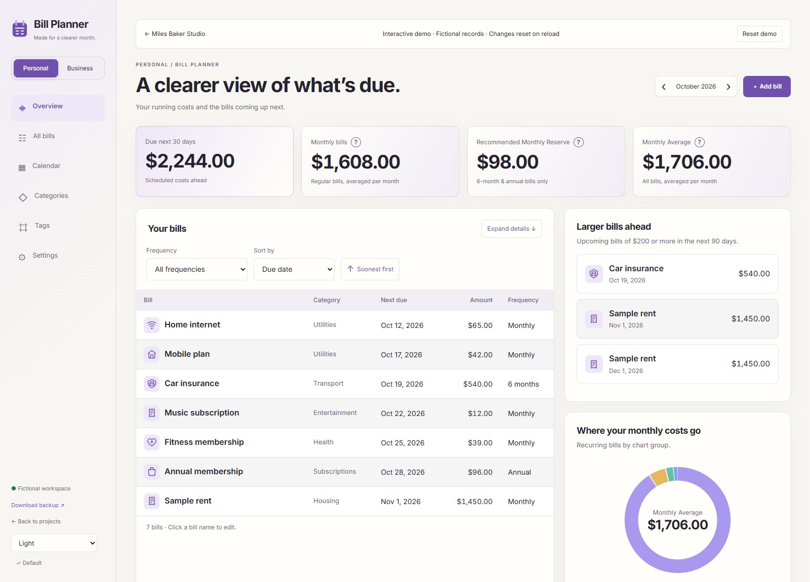Bill Planner overview with fictional sample records.