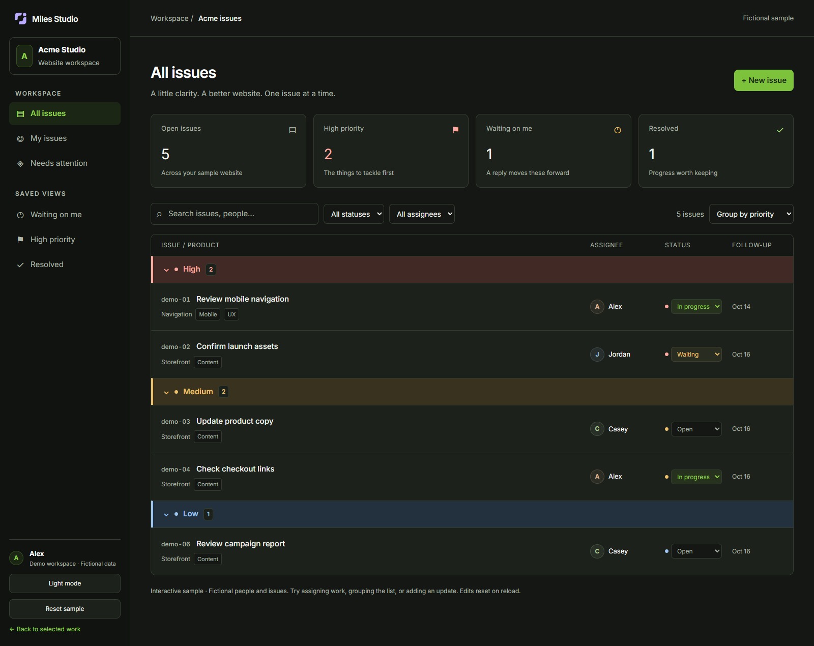 Issue Tracker overview with fictional sample records.