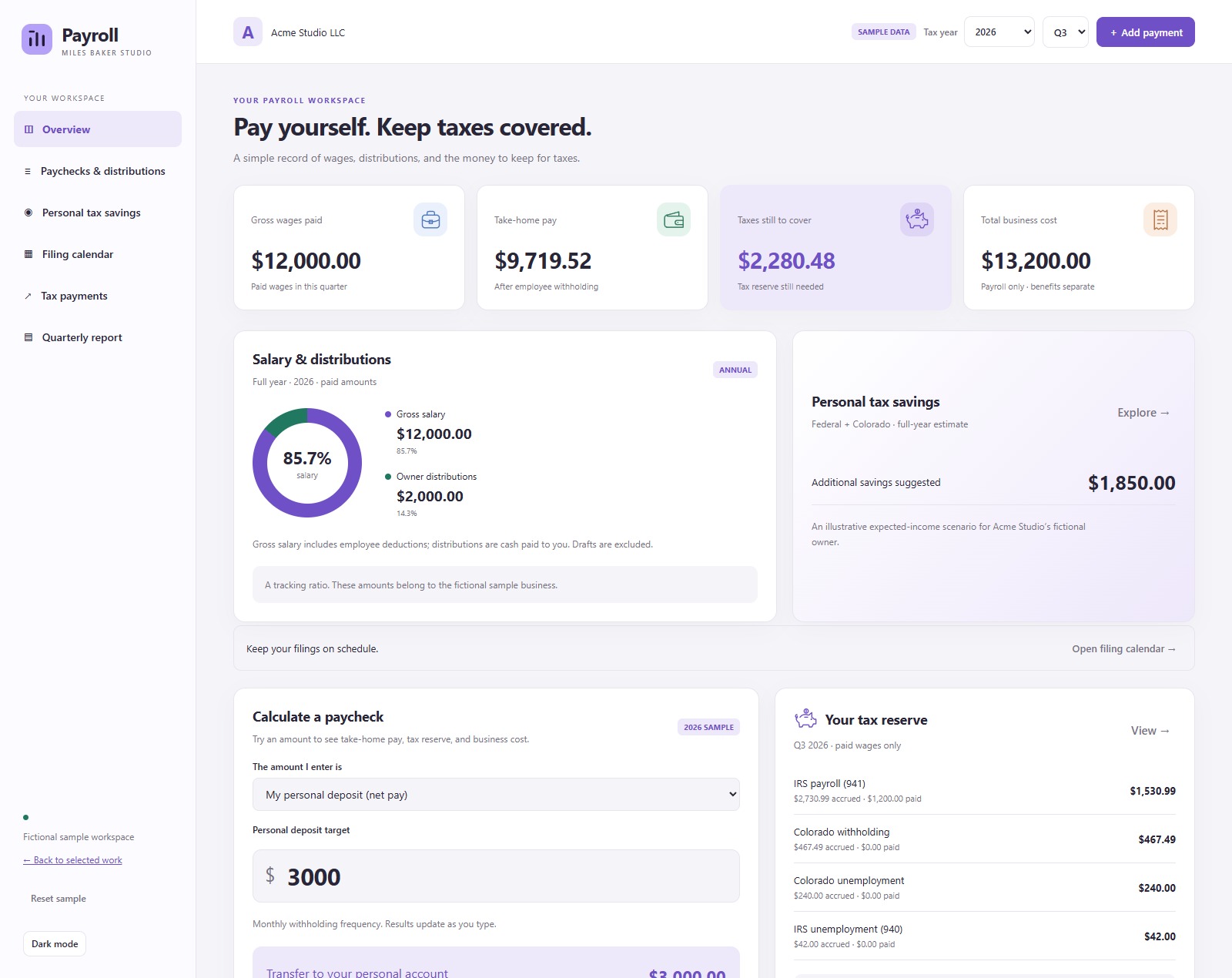 Payroll Studio overview with fictional sample records.
