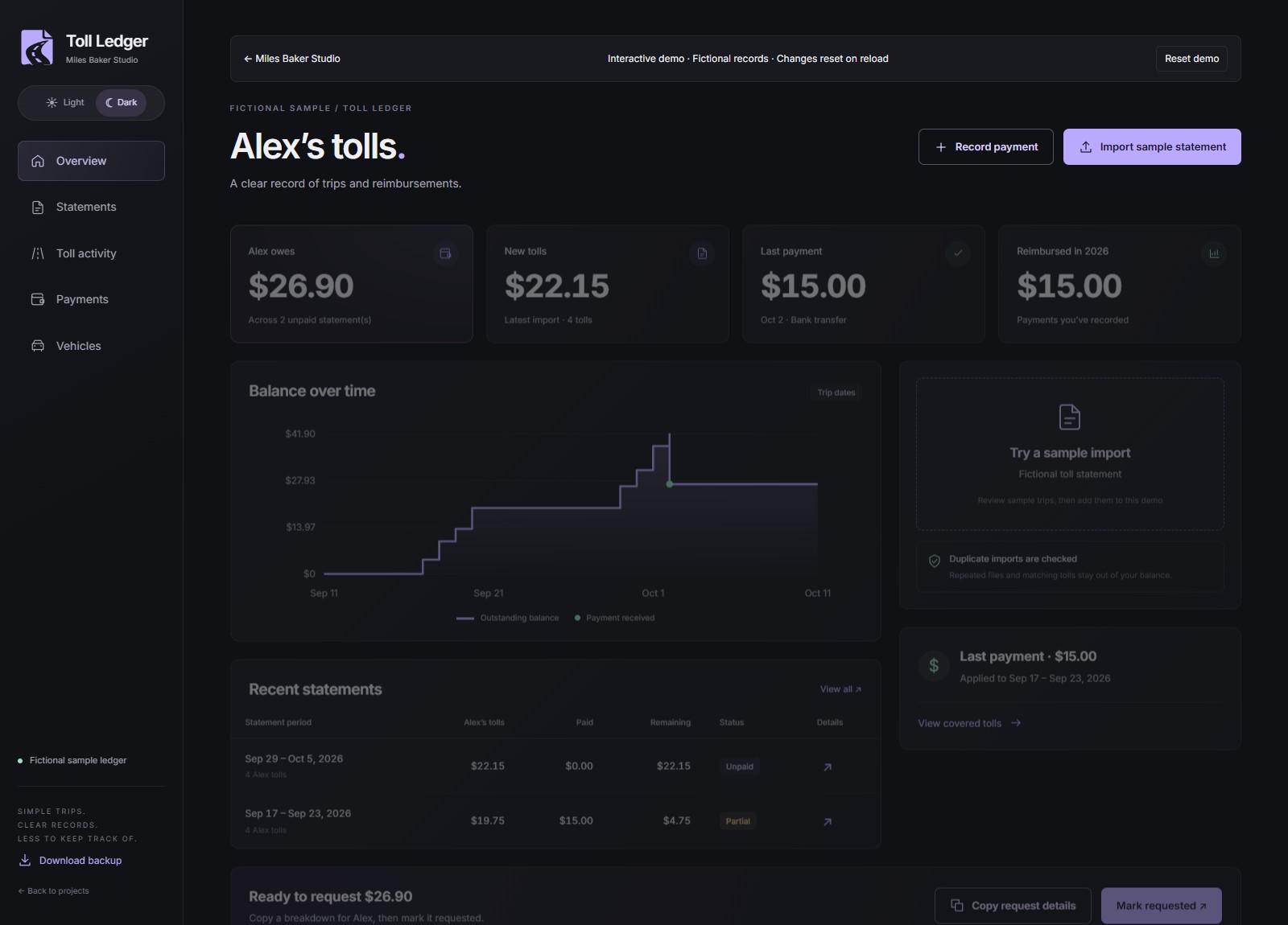 Toll Ledger overview with fictional sample records.